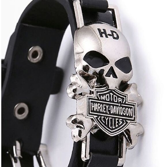 Harley Davidson Motorcycle Skull Design Unisex Leather Bracelet - Picture 3 of 4